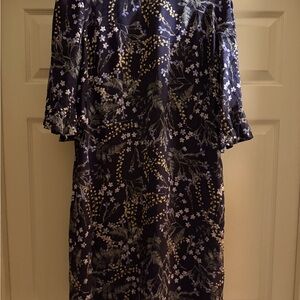 hobbs london Navy Floral Midi Dress with Subtle Puff Sleeves